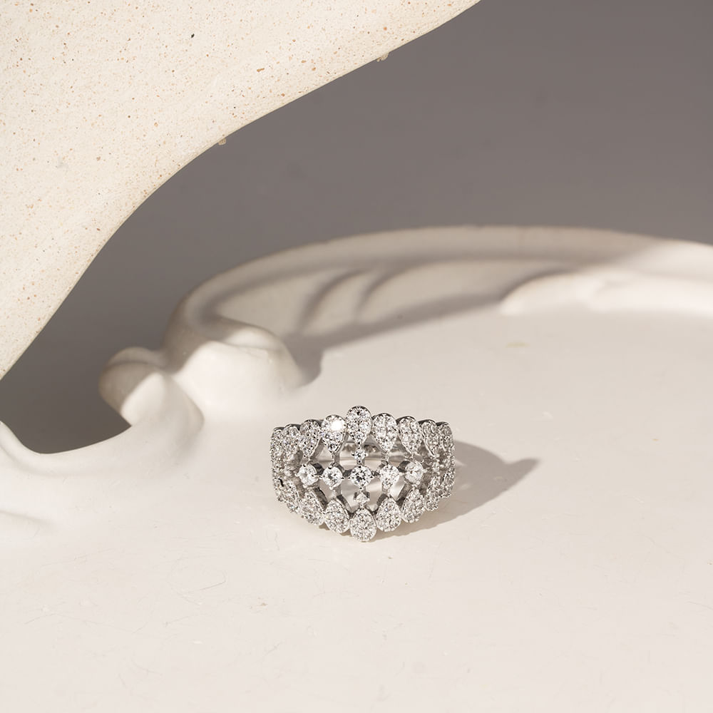 Conjunto Maxi com Brinco, Colar, Anel e Pulseira de 19cm Inteiro Cravejado de Zircônias Brancas - Banho de Ródio Branco